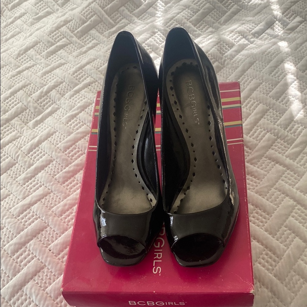 BCBGirls Black Peep-Toe Patent Leather Heels